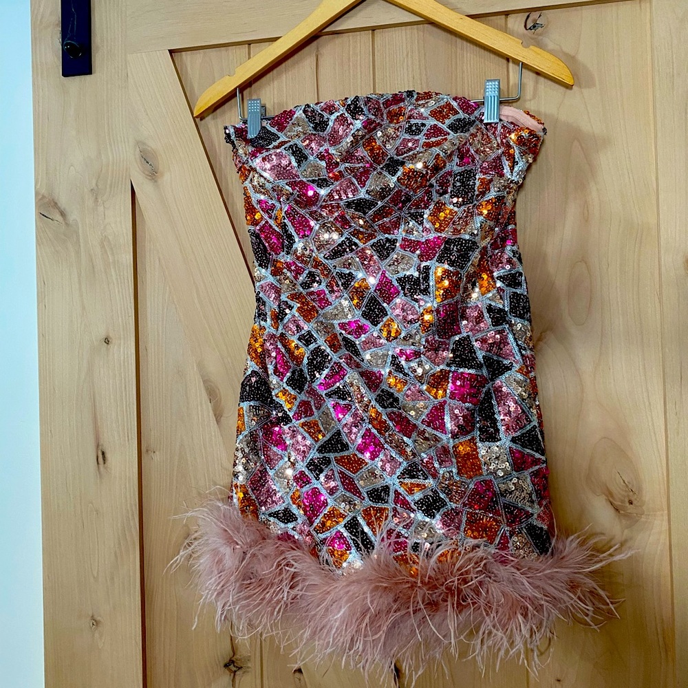 La Ros sequin dress with feather trim. New with tags. Size Large